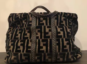 FENDI Authentic Travel Bag FF Motif Black Raised Velvet Brown Leather Unisex - Picture 1 of 11