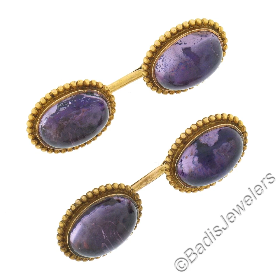 Gemelos antiguos de oro de 14 quilates con bisel de cabujón ovalado con marco de cuentas de bola de amatista para hombre Foto 1 de 4