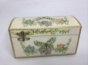 Vintage Decoupage Sewing Box Ivory With Floral & Butterfly Design 9X5X5” - Picture 1 of 16