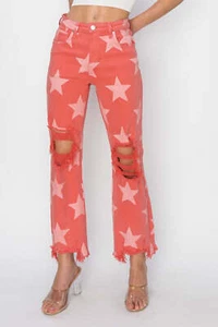 RISEN Full Size Distressed Raw Hem Star Pattern Jeans - Picture 1 of 16