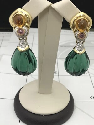 18k Y Gold Carved Green Quartz & Diamond With Citrine & Tourmaline Earrings - Image 1 of 4