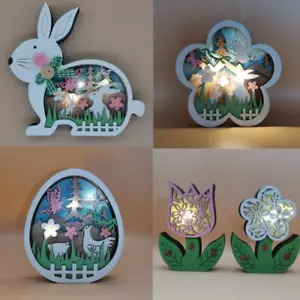 2025 New Easter Decoration for Home Wooden Easter Bunny LED Light Easter Craft E - Picture 1 of 32