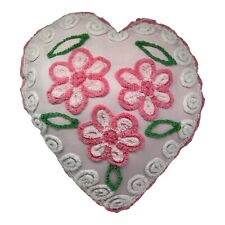 NEW Ex Large Handmade Chenille Heart Pillow Vtg Chenille Plush Flowers Valentine