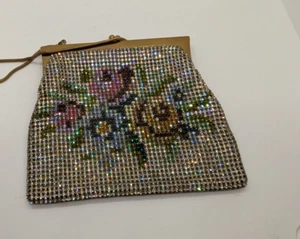 Antique Glass Microbead Handbag Flapper Mesh Coin Purse Floral - Picture 1 of 7
