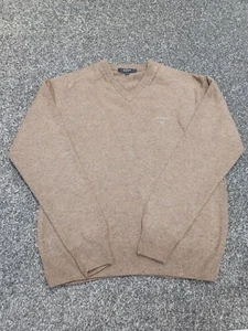 GANT Jumper Men Large Lambs Wool Knit Beige Brown V Neck Sweater Pullover - Picture 1 of 11