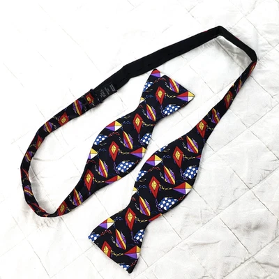 Vintage Tie Rack Black  Silk Bow Tie KITE FLYING Adjustable England 2-3/8" - image 1 of 4