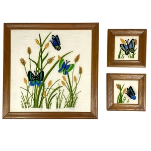 Vintage 3-Piece Set Embroidered Crewel Blue Butterflies Framed Art From Montana - Picture 1 of 8