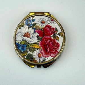Vintage runde Messing Pillendose Blumen Emaille mehrere Fächer - Bild 1 von 8