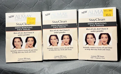 3 Almay STAYCLEAN Shine Removing Face Tissues Fragrance Free 50ct NEW SEALED - Image 1 of 4