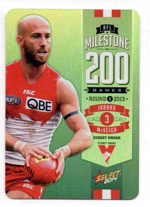2014 AFL SELECT MILESTONE (200 GAMES) CARD - MG72 Jarrad McVEIGH (SYDNEY)