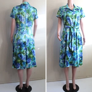 1980s does 1950s Another Thyme 14 L A Line Dress Floral S/S Poly Satin Aqua Blue - Picture 1 of 9