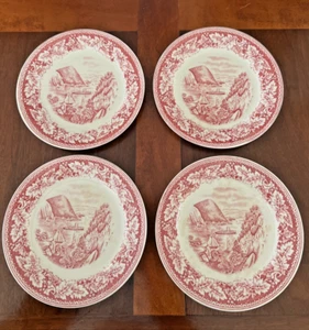 Vintage SET 4 PIATTI PANE E BURRO ROSSI HOMER LAUGHLIN CURRIER & IVES 1940-56 - Foto 1 di 8