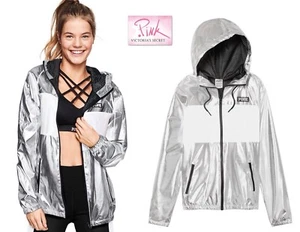NWT Sz M/L Victoria's Secret Pink Full Zip Hoodie Anorak Jacket Silver White New - Picture 1 of 6