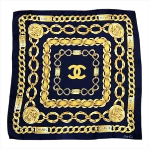 CHANEL Women's Chain Logo Scarf 88 x 87cm Silk Navy Used Authentic F/Shipping - Picture 1 of 10