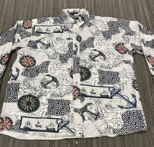 Hawaiian Shirt Mens Large White Blue Nautical Maps Boating Anchors AOP Button Up - Picture 1 of 13