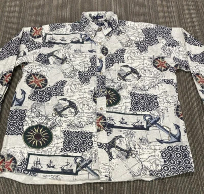 Hawaiian Shirt Mens Large White Blue Nautical Maps Boating Anchors AOP Button Up - Image 1 of 4