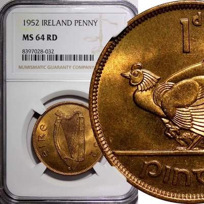 Ireland Republic Bronze 1952 Penny NGC MS64 RD NICE BU RED KM#11 (032) - Image 1 of 4