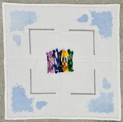 Stamped Cross Stitch White Tablecloth 34 x 34" & 20 Skeins Floss - Image 1 of 4