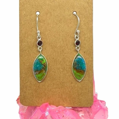 Kingman Green & Blue Turquoise Garnet Earrings Solid 925 Sterling Silver - Image 1 of 4