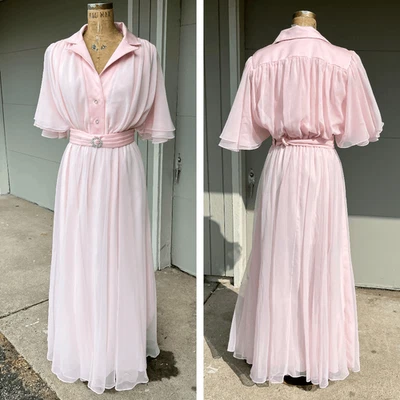 Vestido De Colección Años 80 Jack Bryan Rosa Gasa Manga Acampanada M/L Romántico Suave Glamour Foto 1 de 4