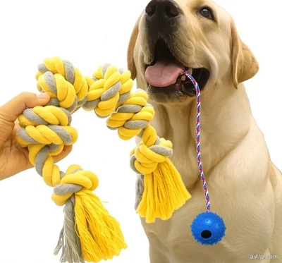 2件装纯棉天然狗绳拖拉玩具绳橡胶球咀嚼玩具拖船 — 第 1/3 张图片