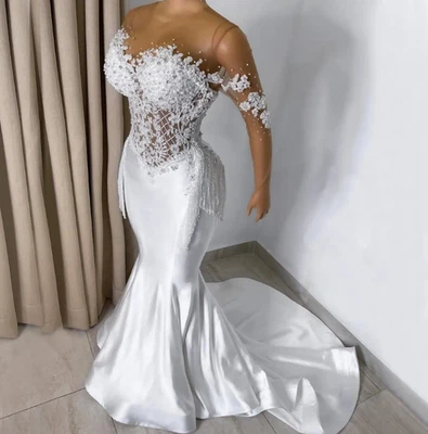 White Mermaid Lace Wedding Dresses Pearls Bridal Gowns With Tassels Long Sleeves - Image 1 of 4