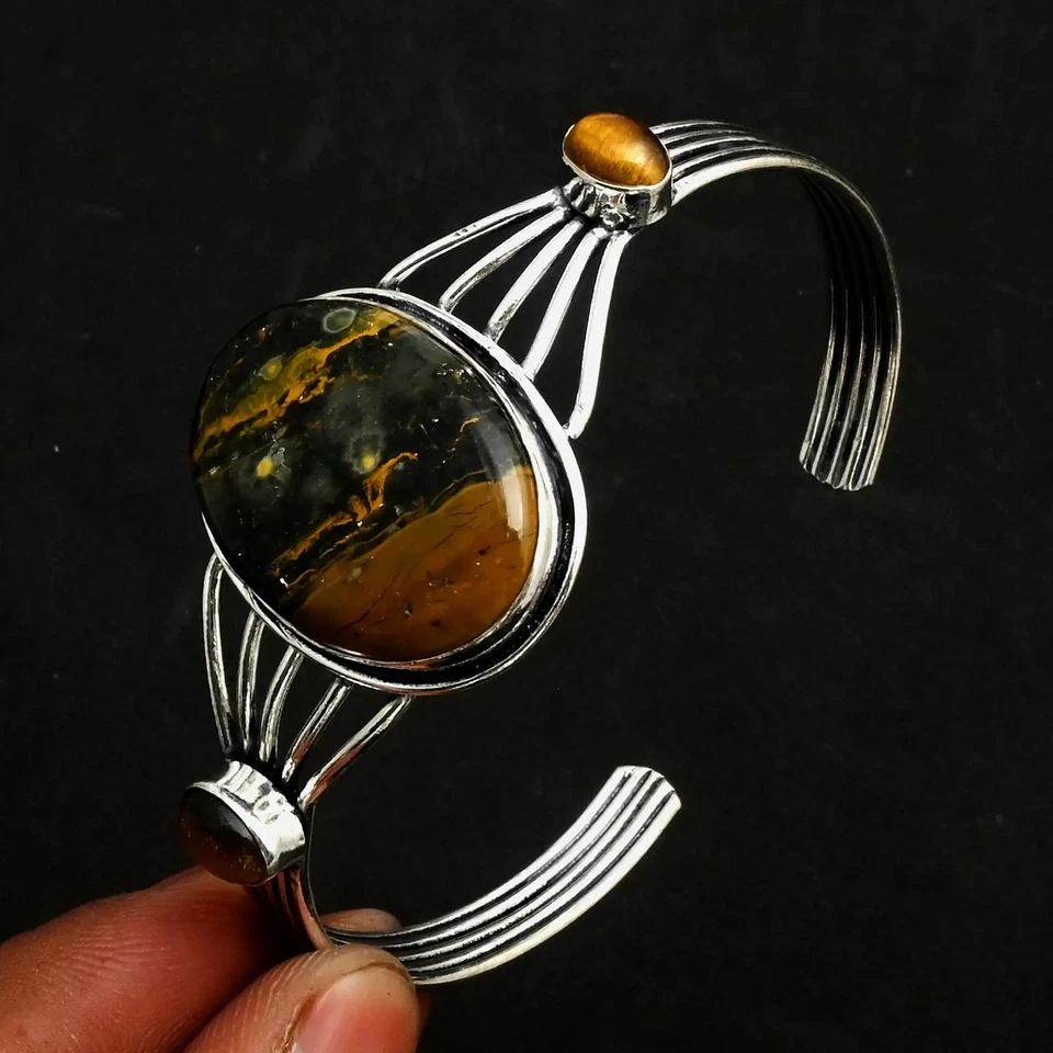 Ocean Jasper Tiger 眼睛宝石民族可调手镯珠宝 14 克 AB 26390 — 第 1/1 张图片