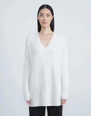nwt Lafayette 148 ITALIAN MERINO-CASHMERE RIBBED V-NECK SWEATER GESSO $598 L - Image 1 of 4