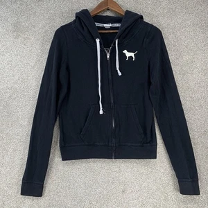 Y2K Victoria Secret Zip Up Sweater Jacket Love Pink Black L Hood Dog Logo - Picture 1 of 6