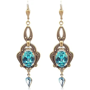 Jugendstil Ohrringe Gold Türkis österreichische Kristalle Ohrhänger lang NOBE... - Bild 1 von 6