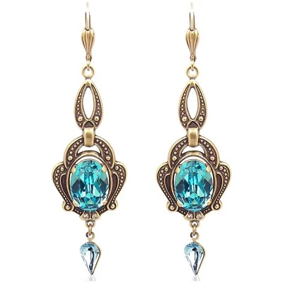 Jugendstil Ohrringe Gold Türkis österreichische Kristalle Ohrhänger lang NOBE... - Bild 1 von 4