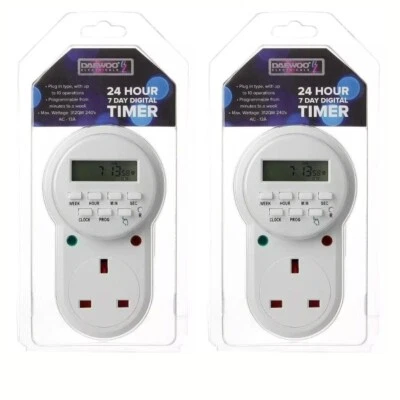 2X Daewoo Digital Mains Plug in Timer Socket LCD Display 12/24 Hour 7 Day NEW - Image 1 of 4