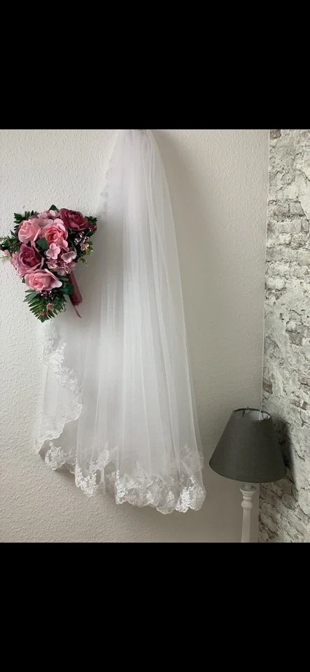 Brautschleier , feiner Tüll kurz , bis zur Hüfte Hochzeit Weiß mit feiner Spitze - Bild 1 von 1