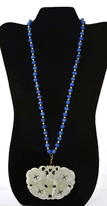 1900's Chinese White Jade Carved Moth Pendant Plaque Lapis Lazuli Bead Necklace - Picture 1 of 12