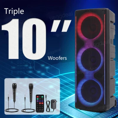 Triple 10” Portable Bluetooth Karaoke Party Speaker W/Remote Control 2 Wired Mic - Image 1 of 4