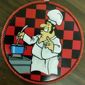 1 Wall Laminate Round Plaque with cork back,7", FAT CHEF WITH SOUP, checkerboard - Picture 1 of 1