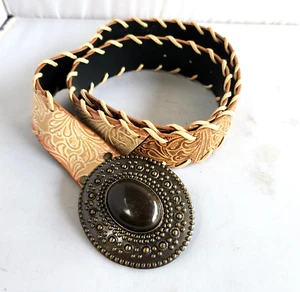 Vintage Tooled Leather Belt with Carved Stone Buckle Brown/Beige Size 40 - Picture 1 of 12