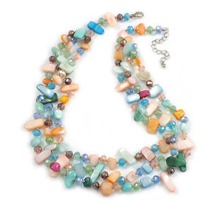 3 Row Layered Pastel Multicoloured Shell And Glass Bead Necklace - 60cm L/ 7cm