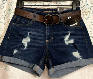 Women's Dollhouse Blue Juniors' Distressed Belted Cuffed Denim Shorts Size 5/6 - Picture 1 of 6