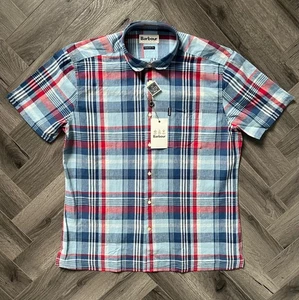 Barbour Linen Mix Short Sleeve Check Summer Shirt Blue Regular Fit Size Large - Picture 1 of 7
