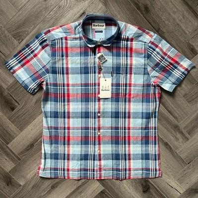 Barbour Linen Mix Short Sleeve Check Summer Shirt Blue Regular Fit Size Large - Image 1 of 4