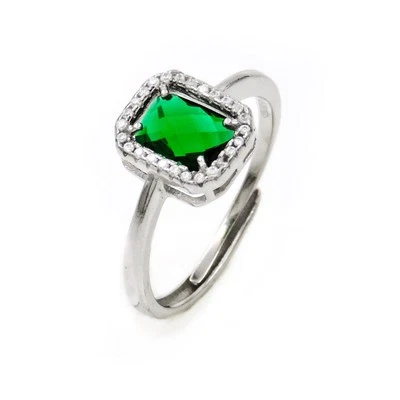 Anello in Argento 925 Rodiato con Pietra Verde Taglio Smeraldo - Immagine 1 di 3