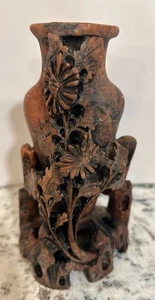 Antique Chinese Carved Red Soapstone Vase With Flowers Daisy Flowers 8.5” - Picture 1 of 21