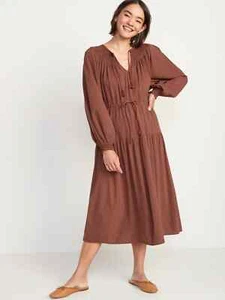 Old Navy Dress Womens Size Large Midi Tassel V Neck Long Sleeve Waist Defined - Picture 1 of 11