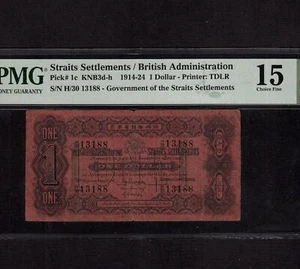 Straits Settlements 1 Dollar 1924 P-1c * PMG F 15 * Rare * - Picture 1 of 2