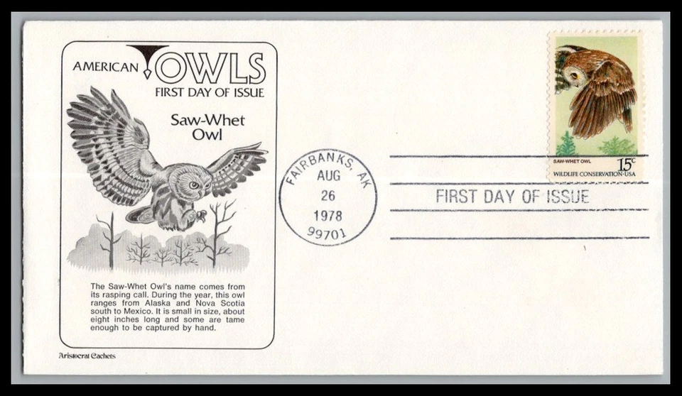 US FDC # 1761 15c Owls of America Aristocrat   1978, 9p1956 - Image 1 of 1