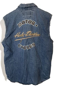 Harley Davidson Mens Sz L Denim Sleeveless Bttn Up Vest Cotton Embroidered - Picture 1 of 16