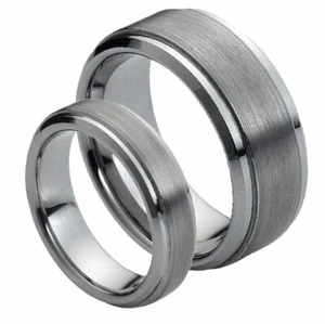 Free Engraving - Tungsten Carbide Step Edge Brushed Wedding Band Ring Set - Picture 1 of 7