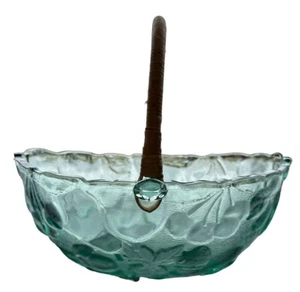Cesta frutero ovalada con mango de ratán vintage Libbey Orchard verde en relieve - Imagen 1 de 8