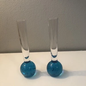 Rose Bubble Art Glass Bud Vases 2 Blue 6” - Picture 1 of 4
